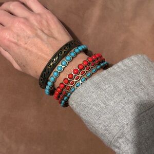 Red and Turquoise Beaded Brass Bracelets